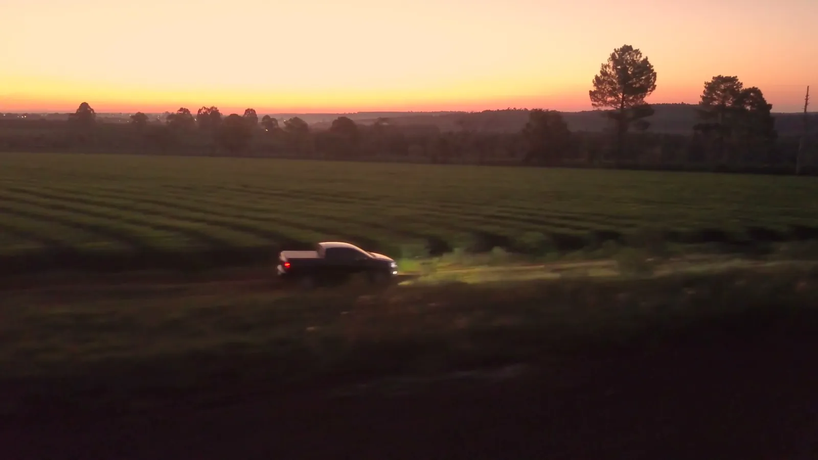 Pick-up levantando polvo al atardecer